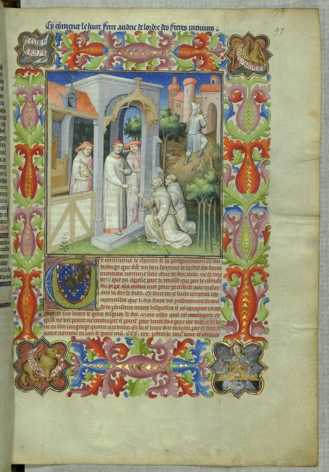 An illuminated manuscript page with a richly decorated border of red, blue and gold, framing a miniature of friars kneeling before a pope in a colonnaded building, above columns of French text