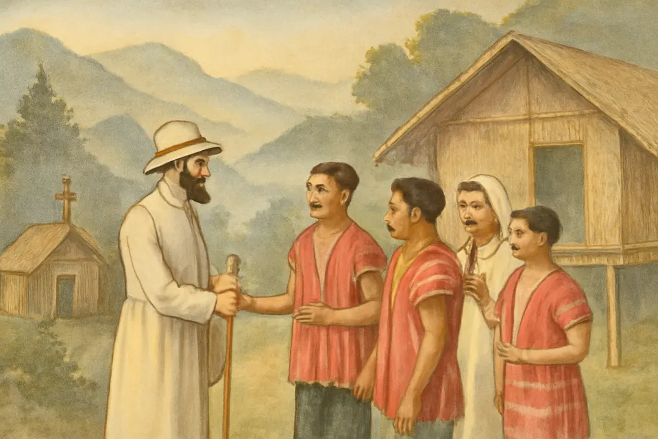 Watercolor-style scene of a young bearded missionary priest in a white cassock and sun helmet greeting villagers in the forested hills of eastern Burma