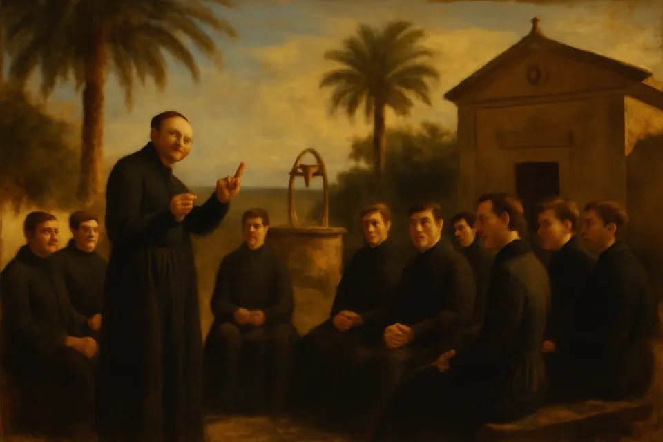 Oil-painting-style scene of an elderly priest speaking to young seminarians in black cassocks in a seminary courtyard in southern Italy