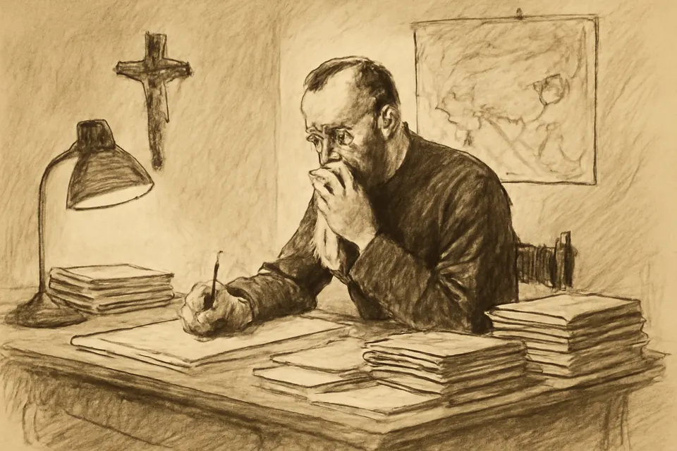 Ink-drawing-style scene of a thin priest writing late at night at a desk piled with letters and mission magazines