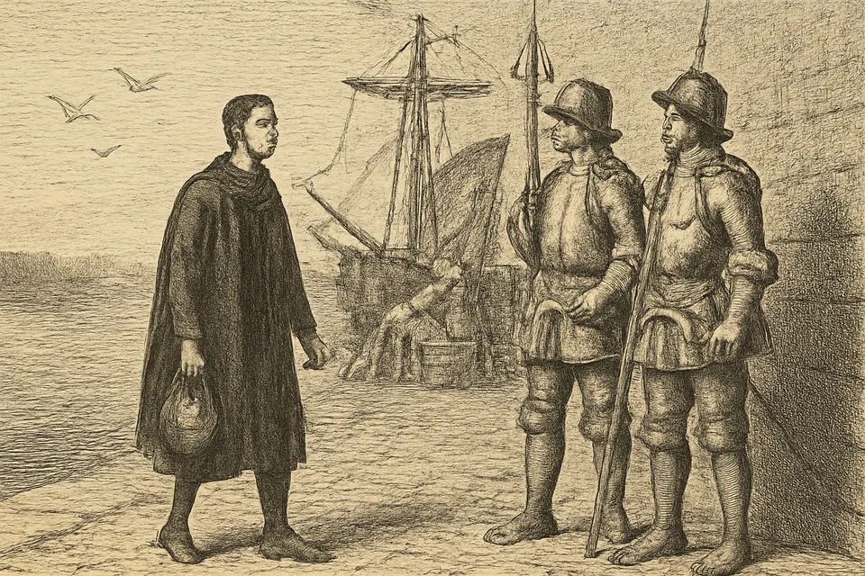 Engraving-style scene of a young priest in a traveler's cloak being stopped by soldiers in breastplates and helmets on a stone quay beside a sailing ship