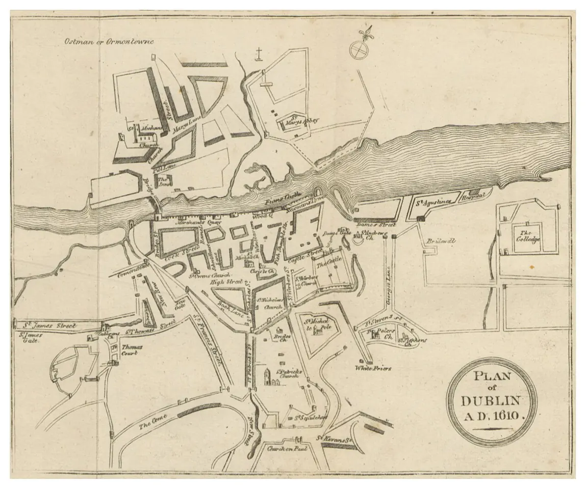 Old engraved map of the walled city of Dublin along the River Liffey, with streets, churches and the castle marked
