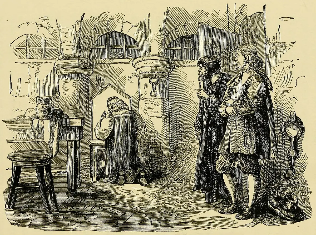 Engraving of an old man kneeling in prayer at a small table in a stone prison cell while two men in cloaks watch from the doorway