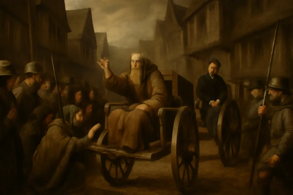 Oil-painting-style scene of an old bishop and a younger priest, each in a cart, being drawn through a crowded Dublin street in winter as townspeople kneel for the bishop's blessing
