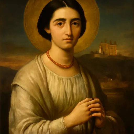 Oil-painting-style portrait of Blessed Pauline Jaricot as a young woman with dark hair parted in the middle, wearing a white dress and a coral necklace, holding a rosary
