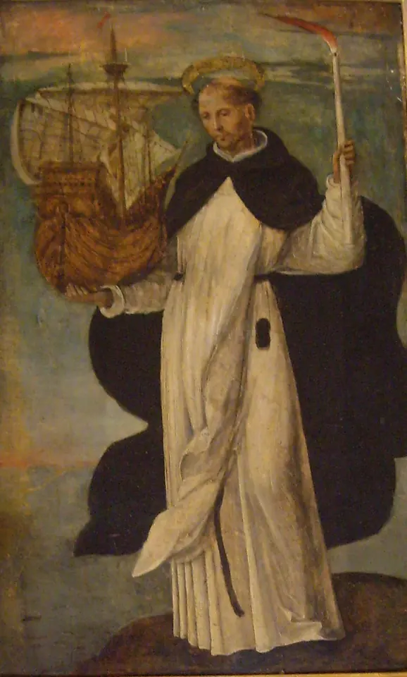 A painted Dominican friar with a halo holding a sailing ship in one hand and a burning candle in the other, against a dark sky