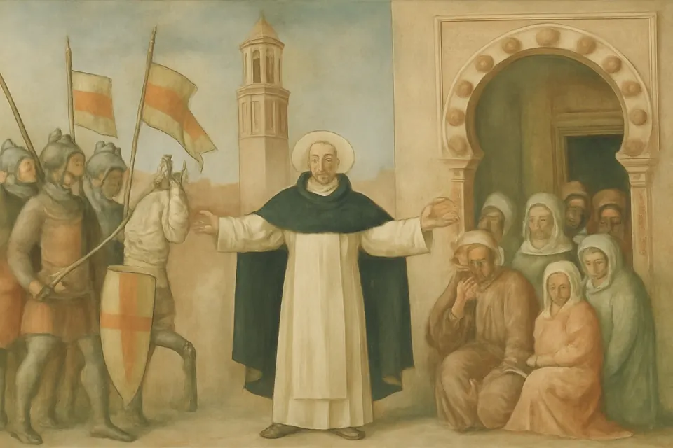 Fresco-style scene of a Dominican friar standing between armed Castilian soldiers and frightened Moorish townspeople in a conquered city