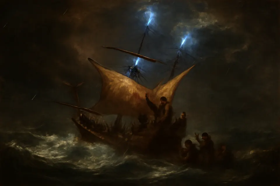 Oil-painting-style scene of sailors on a storm-tossed wooden ship looking up at a pale blue glow on the top of the mast