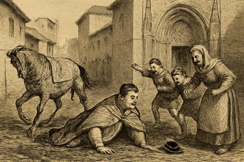 Engraving-style scene of a richly dressed young cleric thrown from his horse into the mud of a town street while townspeople laugh
