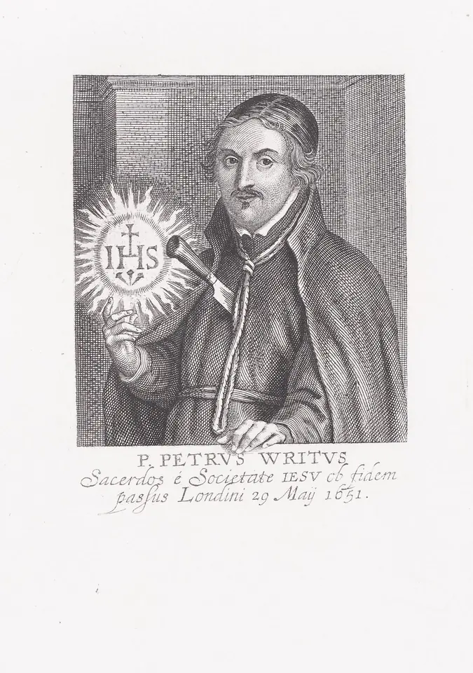 Old engraved portrait of Peter Wright, a bearded Jesuit priest in a cassock holding a radiant IHS emblem, with a Latin inscription below