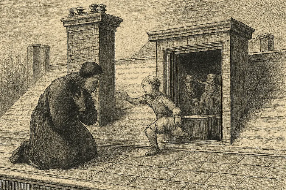 Engraving-style scene of a priest crouching on the lead roof of a London mansion while a boy climbs out of a window to find him, with pursuivants inside