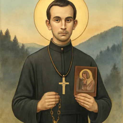 Watercolor-style portrait of Blessed Petro Oros, a young Greek Catholic priest in a black cassock holding a rosary and a small icon of the Virgin