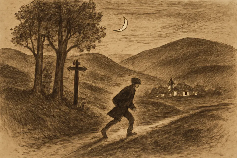 Ink-wash scene of a young priest walking alone at night along a path through Carpathian hills toward a distant village
