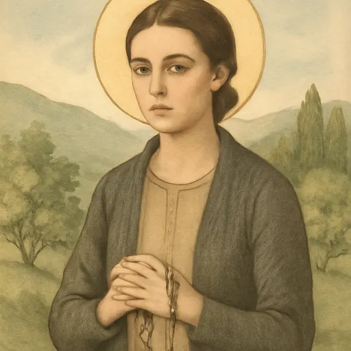 Watercolor-style portrait of Blessed Pierina Morosini, a young Italian woman of the 1950s with dark hair pulled back, in a plain dress, holding a rosary