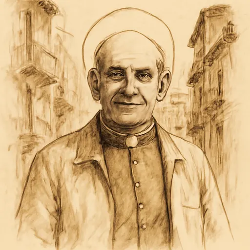 Ink-wash portrait of Blessed Pino Puglisi, a balding Sicilian priest in his fifties with large ears and a broad, gentle smile, in a clerical shirt