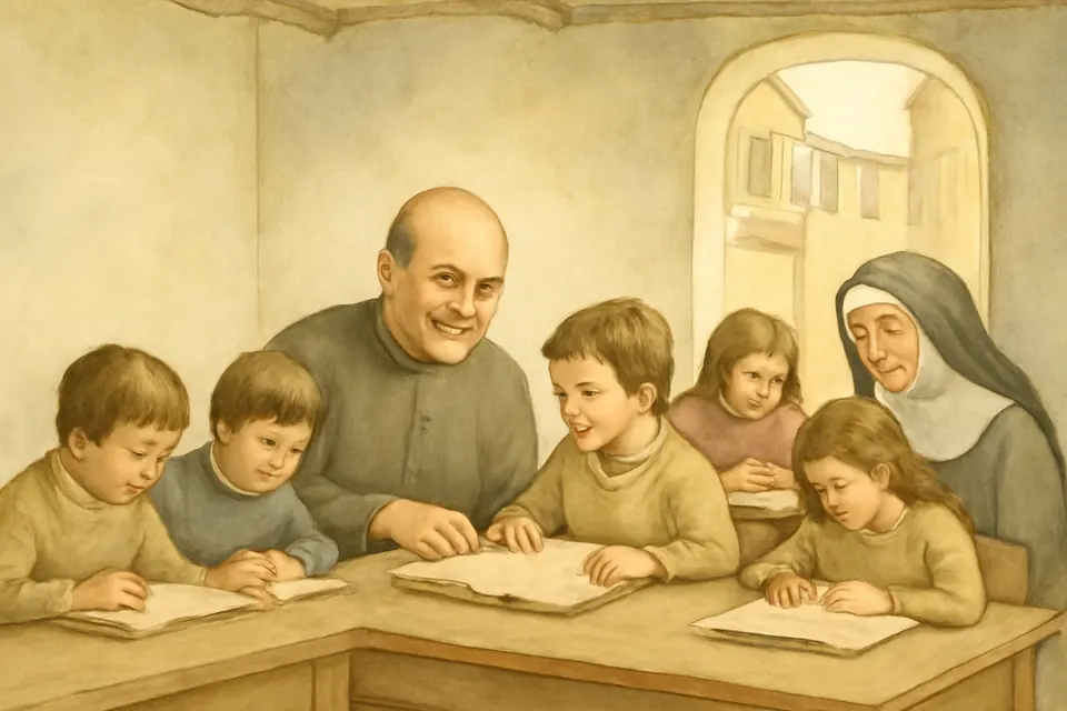 Watercolor-style scene of a smiling priest helping a group of young children with their schoolwork around a table in a bare community room