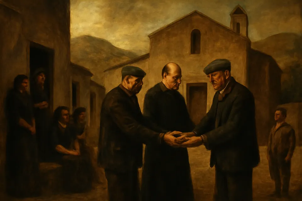 Oil-painting-style scene of a priest joining the hands of two older men in the square of a Sicilian mountain village while families watch