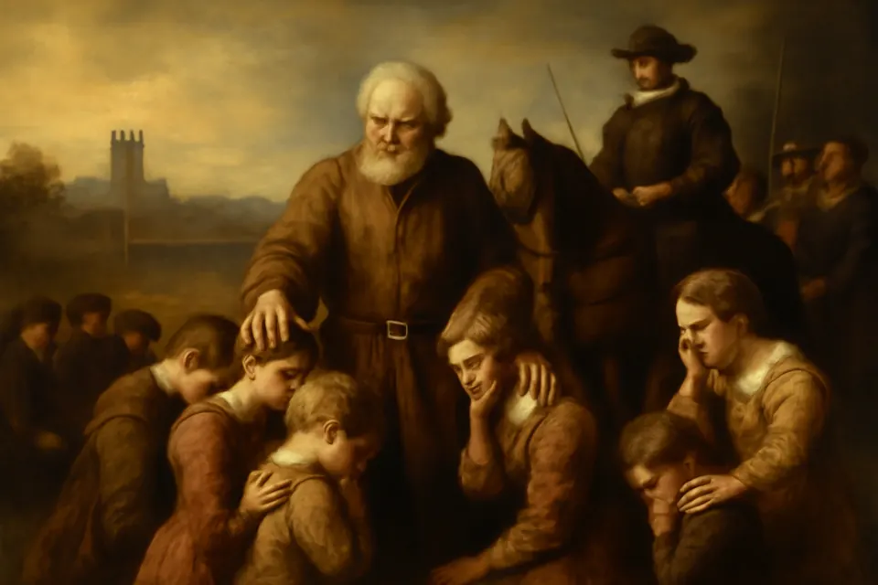 Oil-painting-style scene of an old man in chains laying his hands on the heads of his kneeling children before a crowd
