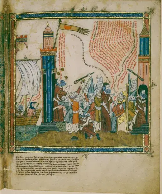 Medieval miniature of a crowded harbor town with a tall tower, a ship at the left and a throng of figures with raised sticks surrounding a bearded man