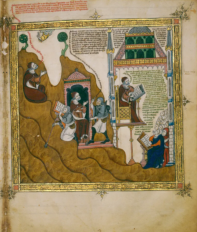 Medieval manuscript painting on a gold background with a bearded hermit among stylized hills, a figure at a writing desk and a teacher before listeners in a pinnacled building