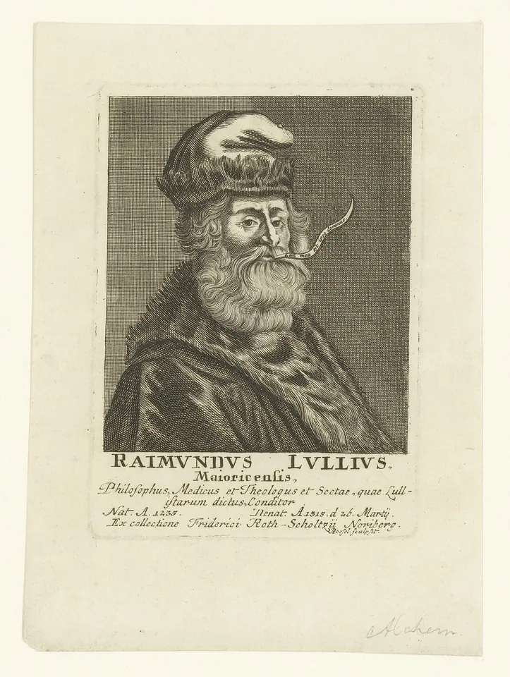 Engraved portrait of a bearded old man in a fur cap and cloak in an oval frame, with a Latin inscription below