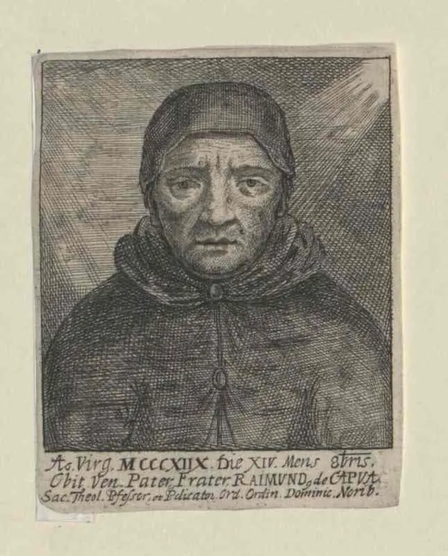 An engraved half-length portrait of an old friar in a hood with a deeply lined face, a Latin inscription below