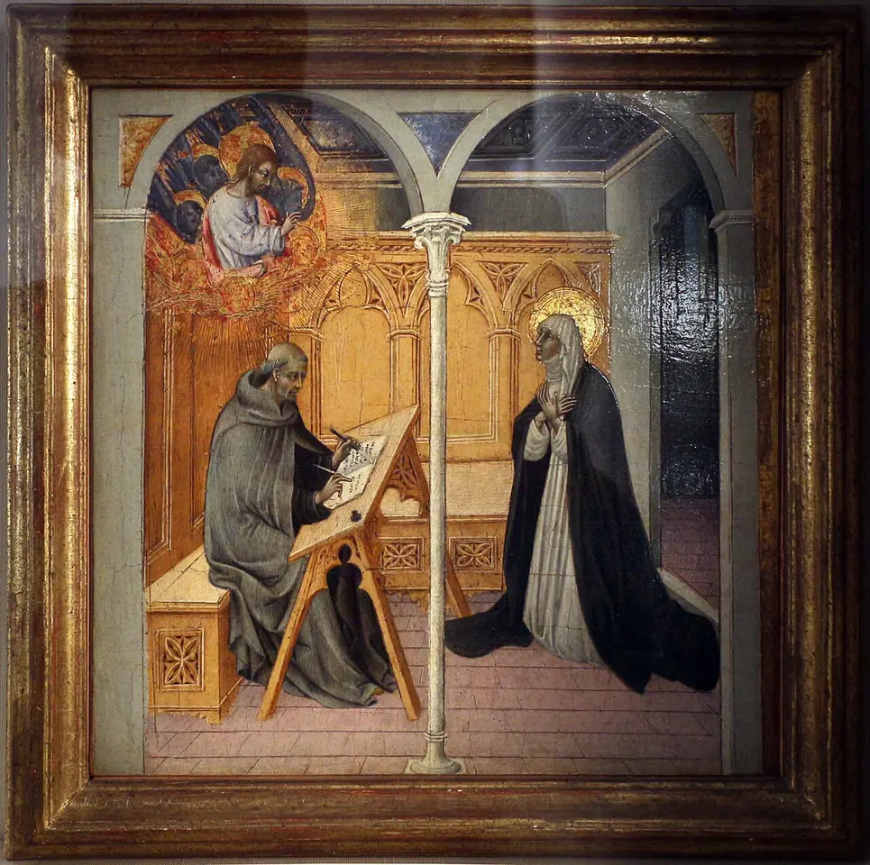 A gold-ground panel of a Dominican friar writing at a slanted desk while a Dominican woman with a halo kneels before him and Christ blesses them from above