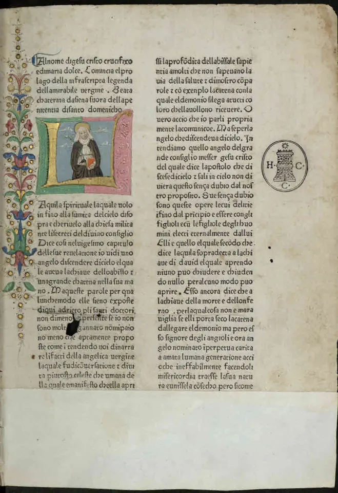 An early printed page in two columns of Italian text with a decorated border and a small painted picture of a Dominican woman in the margin