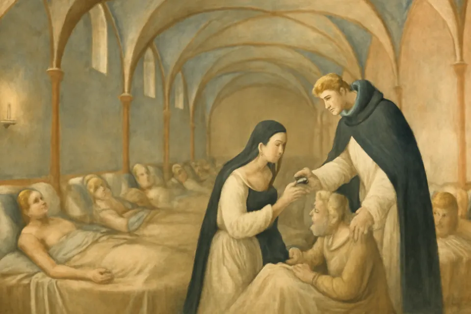 Fresco-style scene of a young woman in a Dominican habit and a Dominican friar tending plague-stricken townspeople in a hospital ward