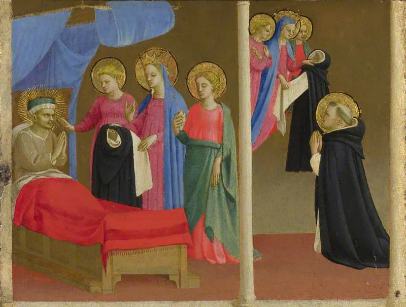 Early Renaissance panel in two scenes, on the left a sick man in a red-covered bed visited by the Virgin and two haloed saints holding a habit, on the right a kneeling friar in black and white receiving the habit