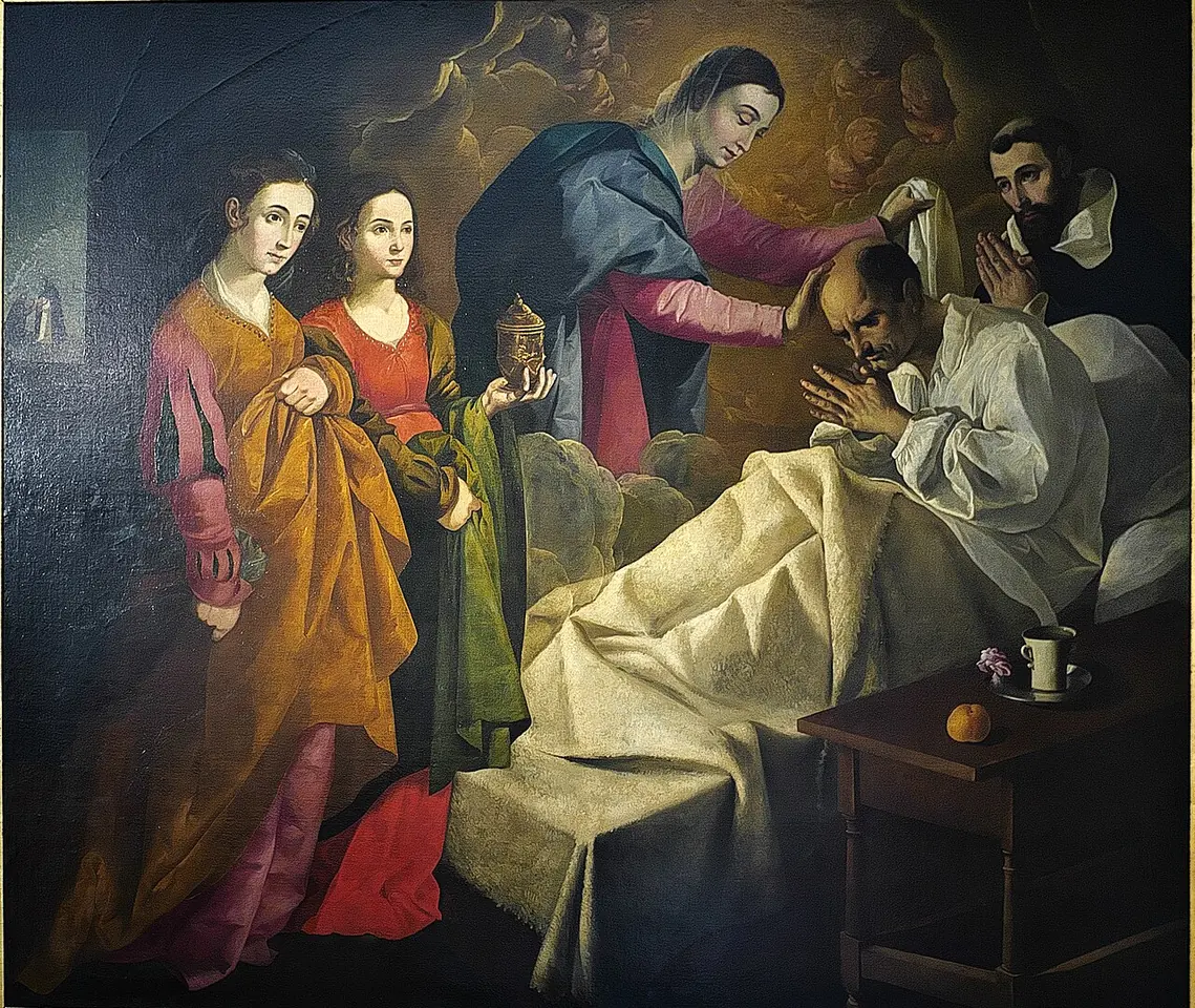 Baroque painting of a sick man in a white nightshirt sitting up in bed as the Virgin Mary in a blue mantle leans over to touch his head, two richly dressed women saints beside her and St. Dominic behind