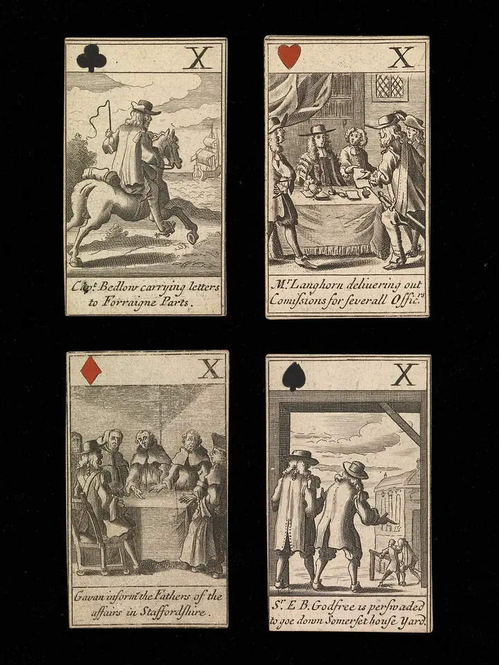 Four small engraved playing cards with scenes of the supposed Popish Plot, one showing a man at a table handing out papers