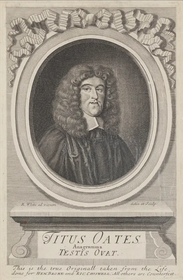 An engraved oval portrait of a heavy-faced man in a large curled wig and clerical bands, set in a carved frame above a plinth bearing his name
