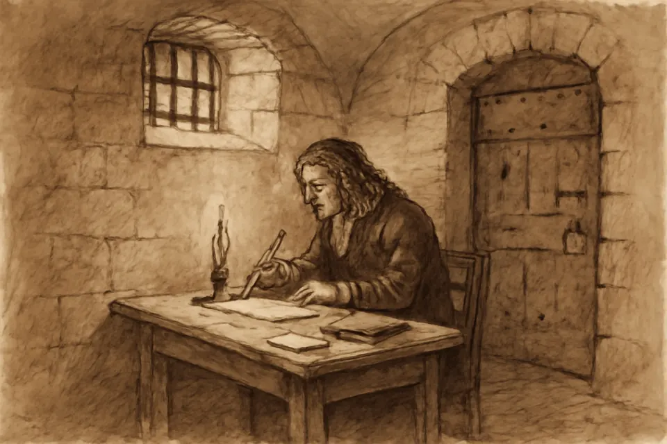 Ink-drawing-style scene of a prisoner in a long wig writing by candlelight at a small table in a stone prison cell
