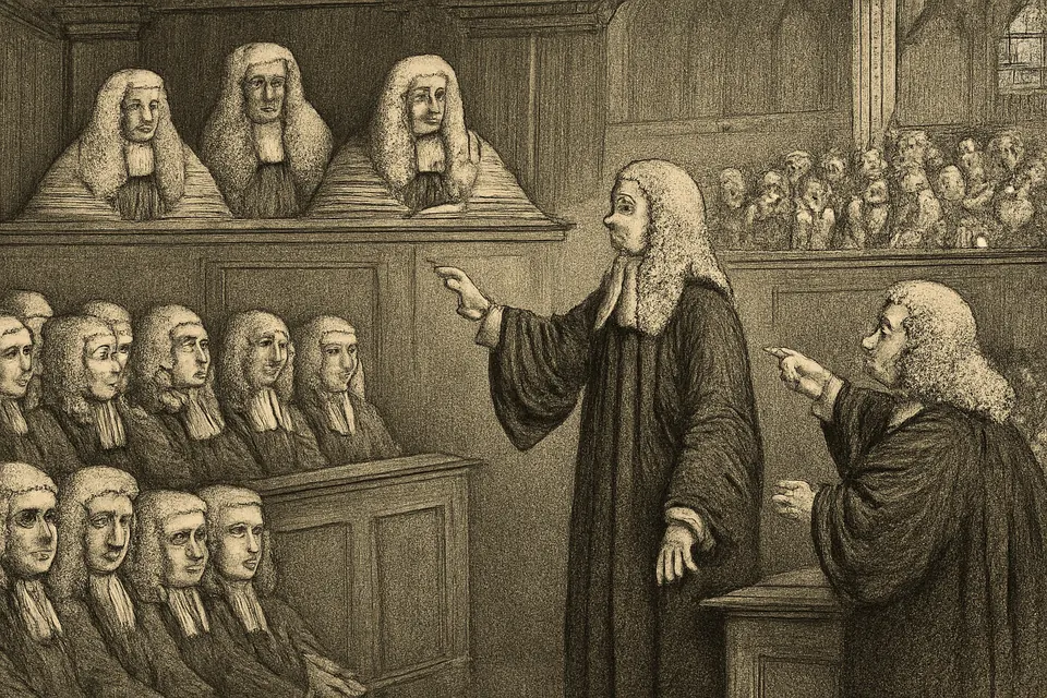 Engraving-style scene of a crowded 17th-century courtroom where a lawyer at the bar faces a richly dressed witness and judges in scarlet
