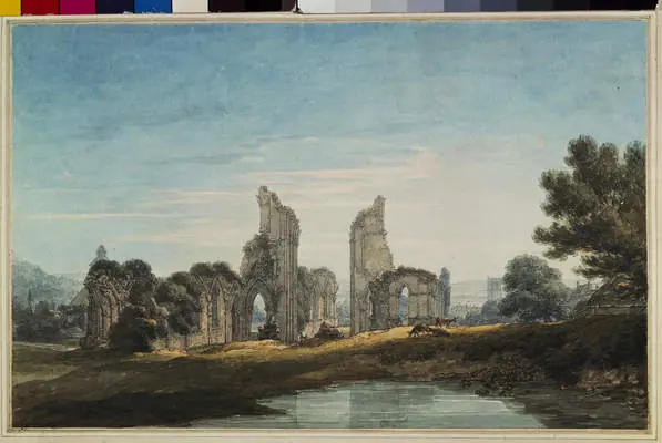 A watercolor of the roofless ruins of Glastonbury Abbey, two tall broken piers of the crossing standing above trees and a still pool in the foreground
