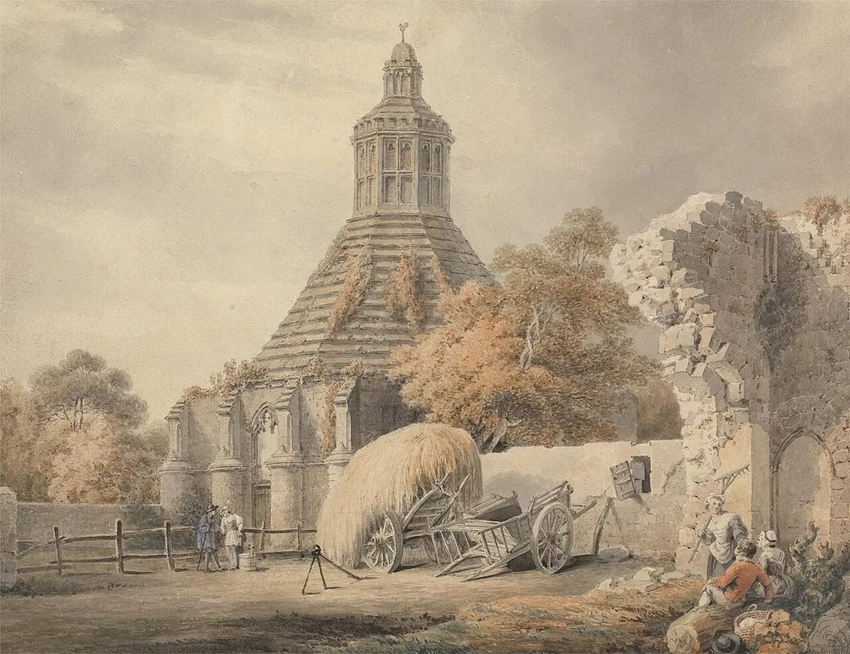A watercolor of the octagonal stone Abbot's Kitchen at Glastonbury with its pyramid roof and lantern, a haywagon and farmhands in front of it