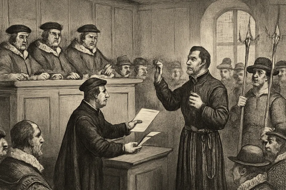 Engraving-style scene of a priest in black standing before Jacobean judges and calmly refusing a document held out to him