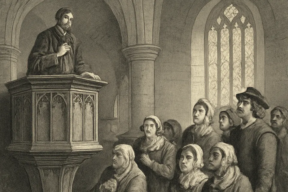 Engraving-style scene of a rector in riding boots speaking from a pulpit to his startled parishioners in an English parish church