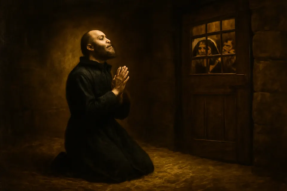 Oil-painting-style scene of a priest kneeling in prayer in a dark prison cell, surrounded by a soft light, while two prisoners look in through a small window