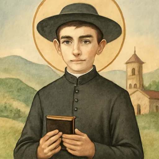 Watercolor holy-card portrait of Blessed Rolando Rivi, a dark-haired boy of fourteen in a black seminarian's cassock and wide-brimmed clerical hat, holding a small book