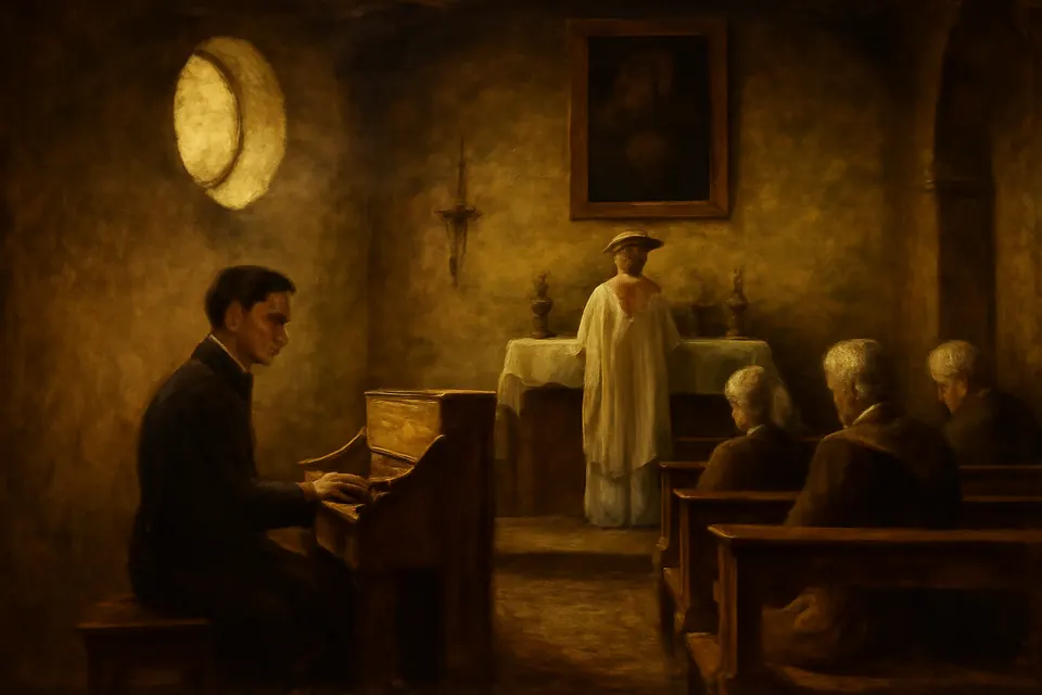 Oil-painting-style illustration of a boy in a black cassock playing a small harmonium in a country church during Mass