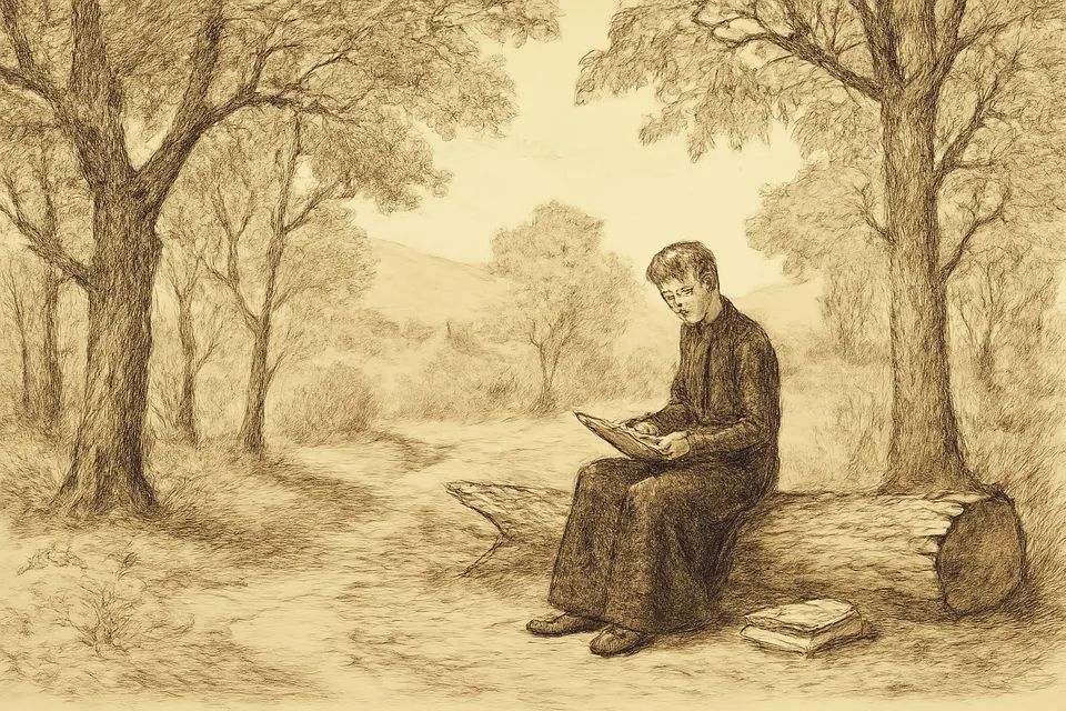 Ink-drawing-style illustration of a boy in a cassock sitting under trees in a wood, reading a book