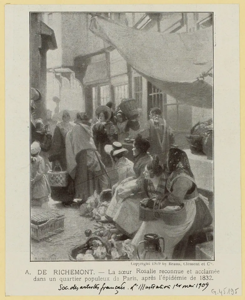 Black-and-white illustration of a crowded Paris market street under awnings, with women in bonnets and shawls turning toward a passing figure
