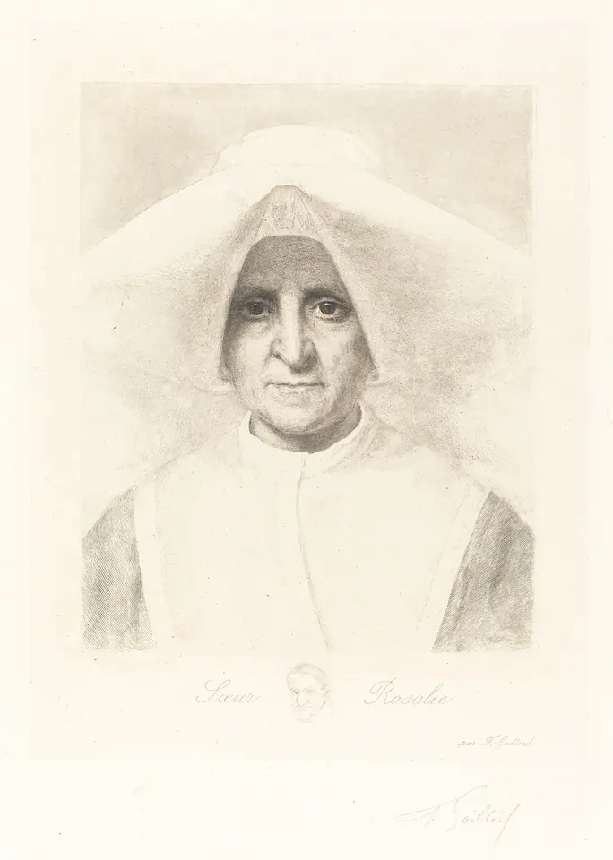 Engraved portrait of an elderly nun with a strong, lined face, wearing a large white winged cornette and a white collar