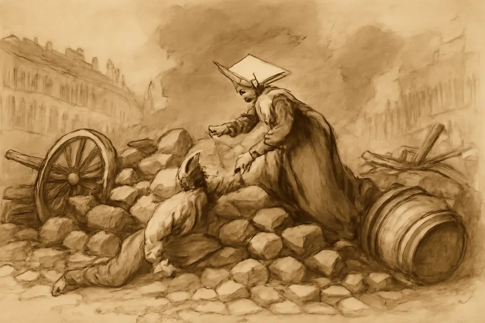Ink-drawing-style illustration of a nun in a white cornette climbing over a street barricade of paving stones to reach a wounded man