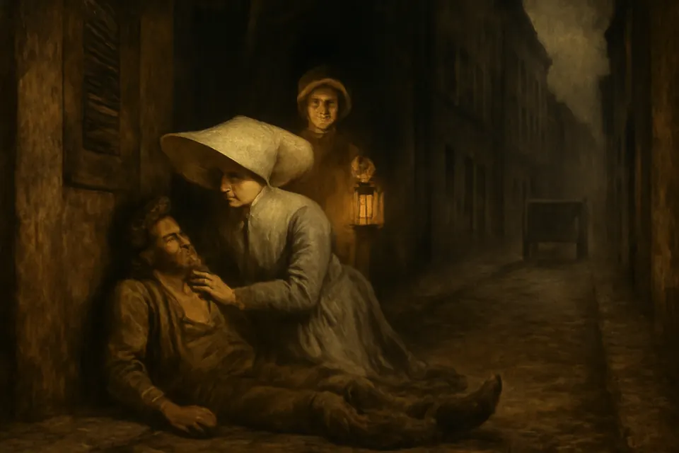 Oil-painting-style illustration of a Daughter of Charity in a white cornette kneeling to help a sick man in a dark Paris street