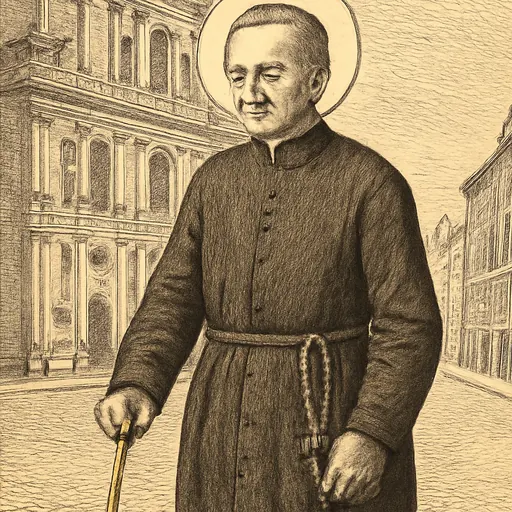 Engraving-style portrait of Blessed Rupert Mayer as a gray-haired Jesuit priest in a black cassock, leaning on a cane, with a Munich church tower behind him