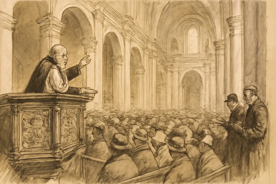 Ink-drawing-style scene of a Jesuit priest preaching from a high wooden pulpit to a packed congregation in a large Munich church in the 1930s