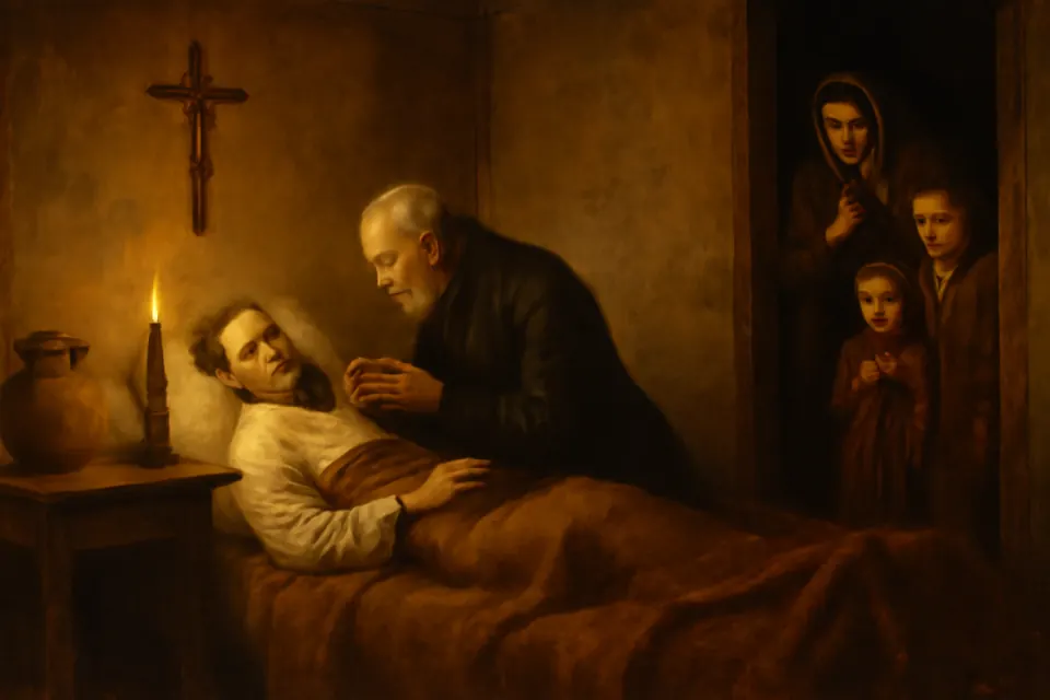 Oil-painting-style scene of a Spanish priest in a black cassock kneeling at the bedside of a sick man in a poor whitewashed room by candlelight, as the family watches